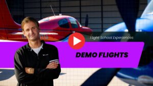 Instructor standing in front of a Cirrus SR Series aircraft at CalAir Aviation with demo flight training video overlay