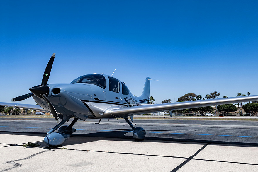 Photo of the all-new Cirrus G7+ SR20 at CalAir Aviation on the flight line.